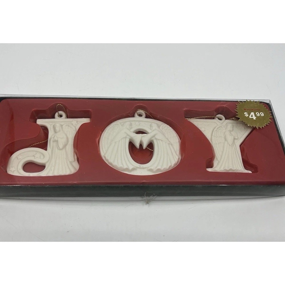 Vintage Woolworths Joy Ceramic Angel Christmas tree ornaments Box 3"